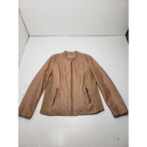 Valerie Steven Womens Tan Leather High Neck Full Zip Bomber Jacket Size XL